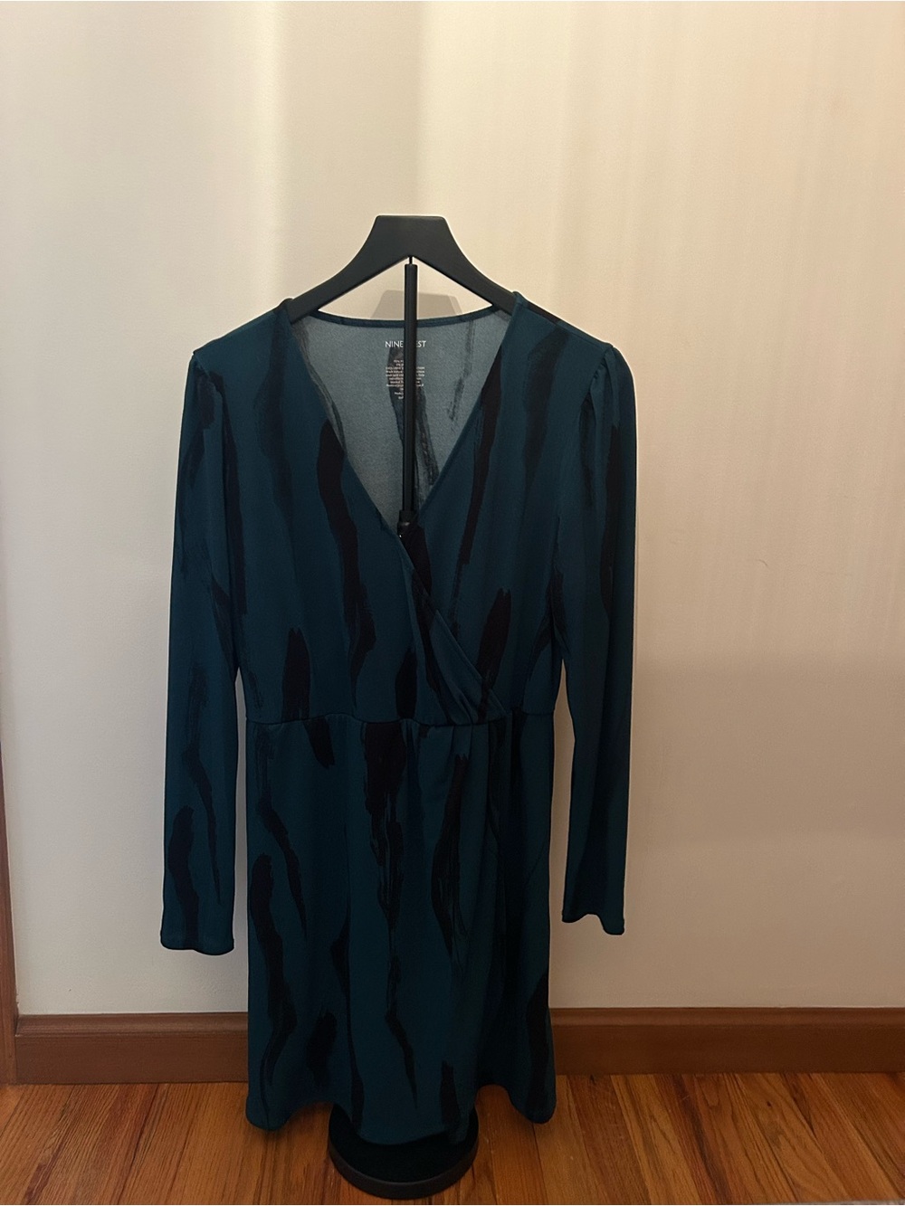 Nine West Teal and Black Long-Sleeve Faux-Wrap Dress